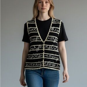 Koret Vintage Black & Cream Embroidered Sweater Vest Sz M